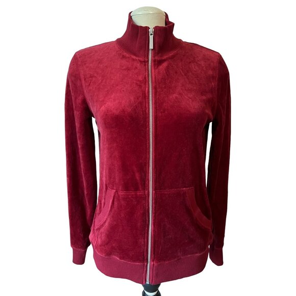 Michael Kors Red Velour Zip Up Light Tracksuit Jacket Sz Medium Front Pocket - Picture 1 of 10